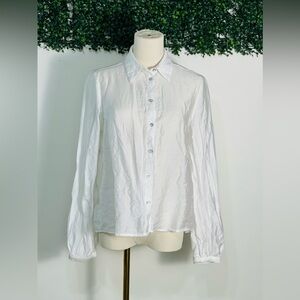 Zara Poplin White Shiny Button Up Pleated Shirt Blouse Size Small